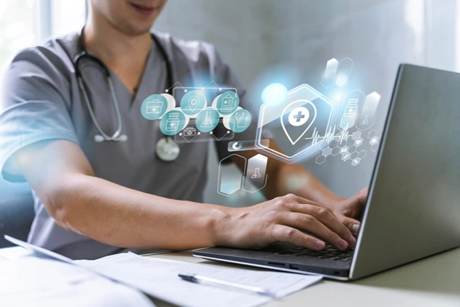 Healthcare SaaS platform in use on a laptop